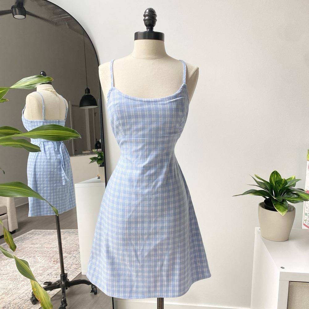 Brandy Melville‎ John Gault Baby Blue Plaid Checkered Babydoll Dress Coquette OS